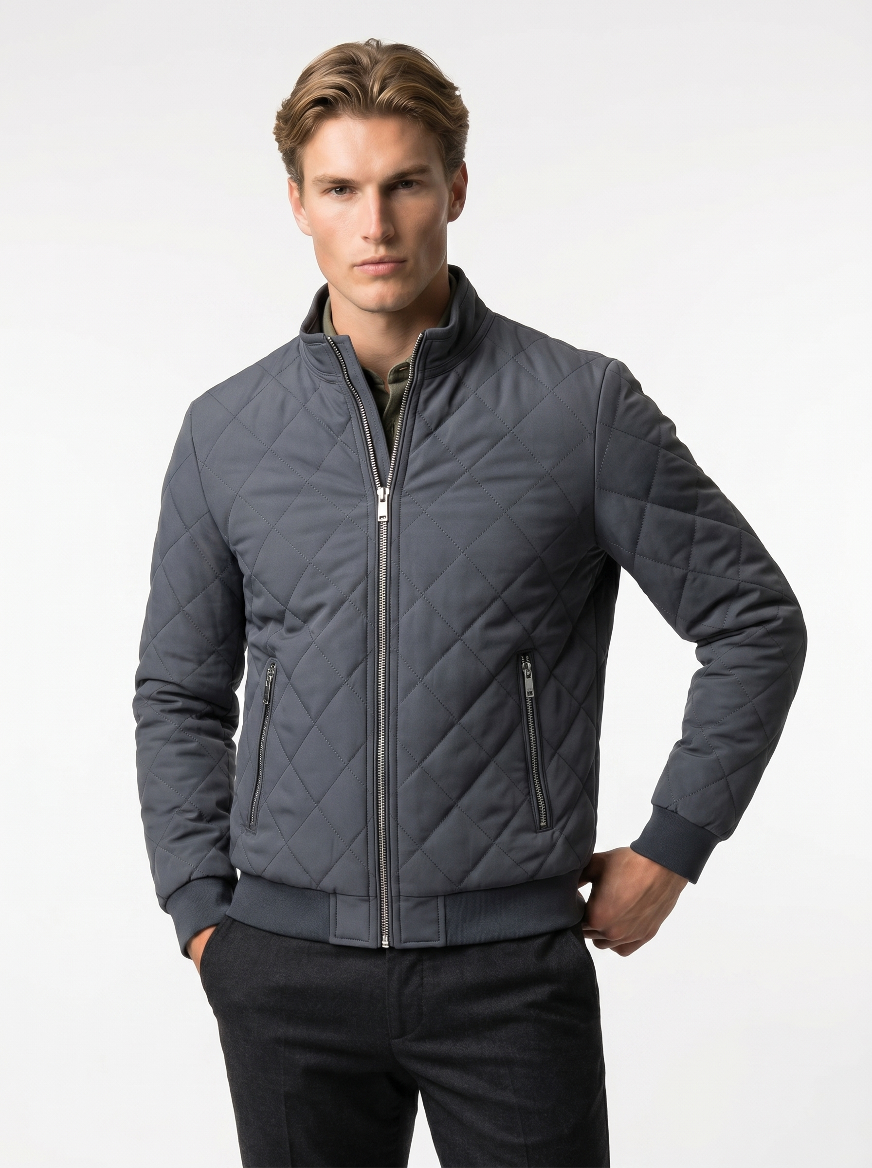 Men's Lightweight Insulated Bomber Jacket - Diamond Quilted Design for Casual Wear and Outdoor Activities