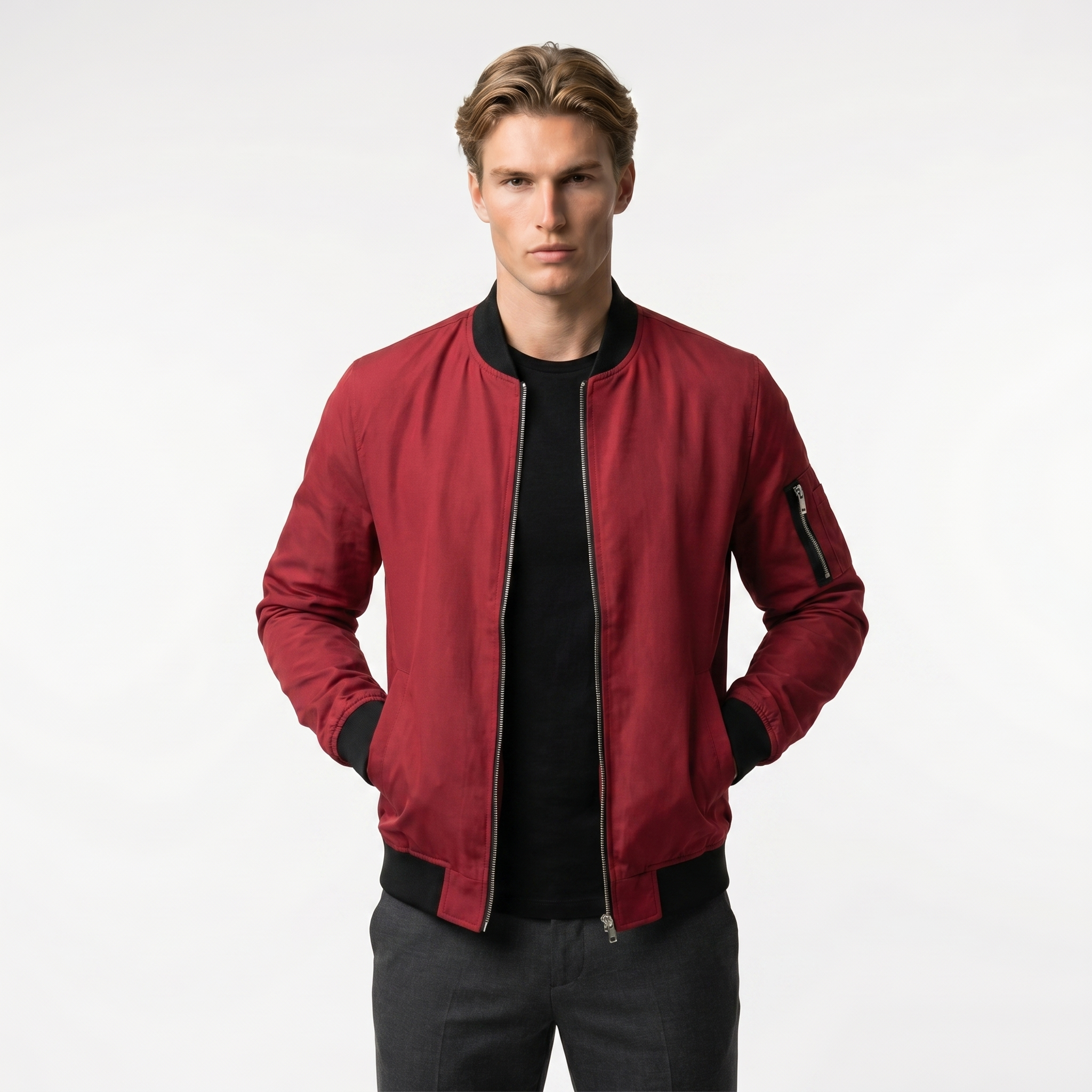 Men's Slim Fit Lightweight Zip-Up Bomber Jacket with Pockets - Casual Everyday Wear