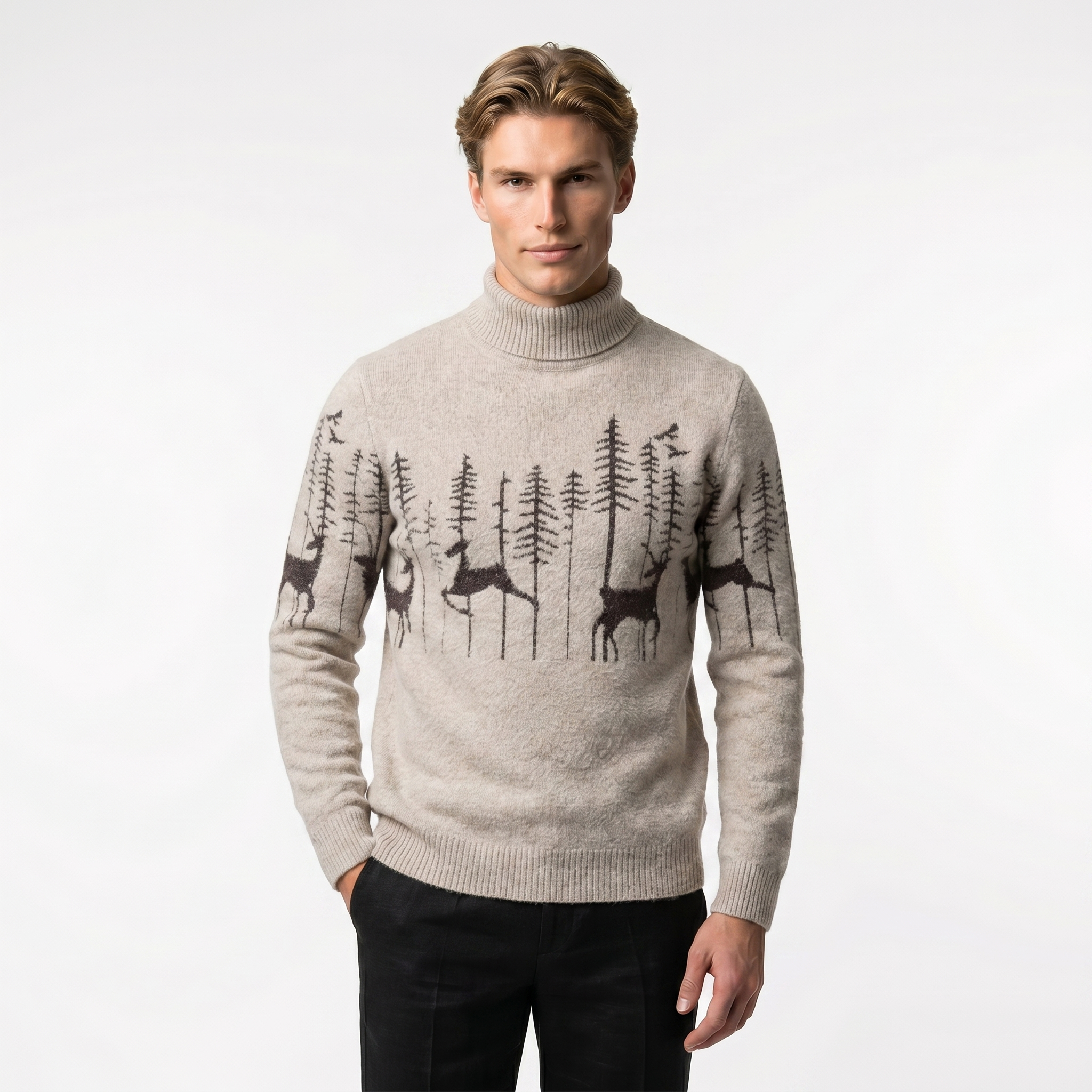 Men's Knit Christmas Sweater - Reindeer Forest Design - Cozy Pullover for Holiday Parties and Festive Events