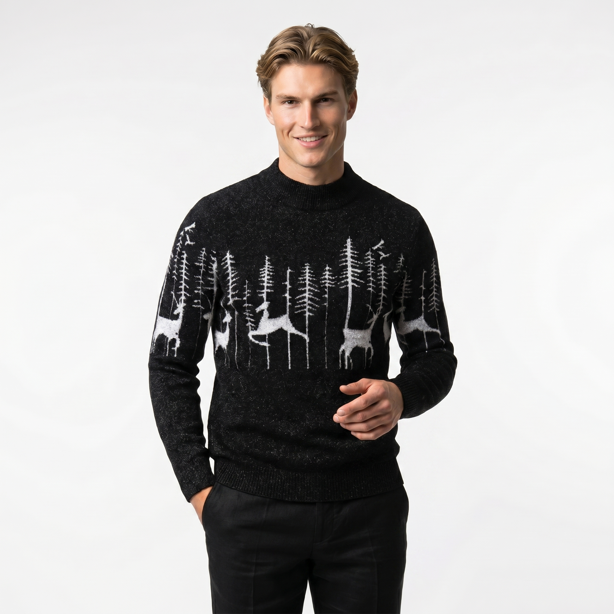 Men's Knit Christmas Sweater - Reindeer Forest Design - Cozy Pullover for Holiday Parties and Festive Events