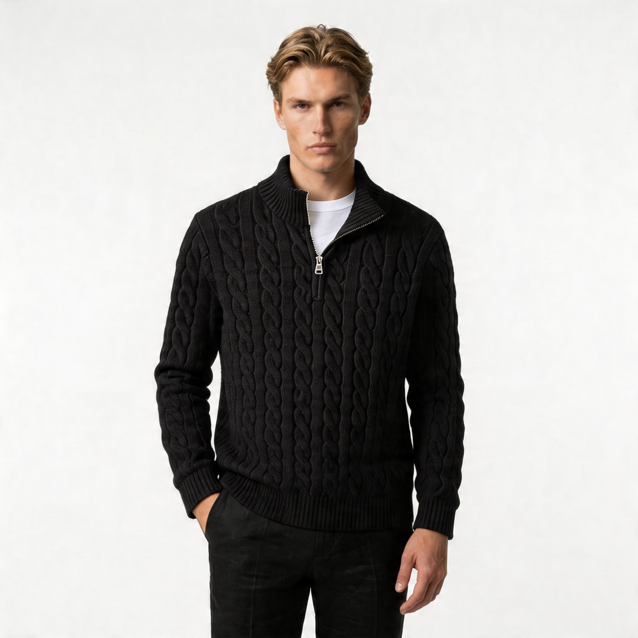 Men's Cable Knit Zip Neck Sweater | Warm Knit Fabric | Casual Layering for Cool Weather