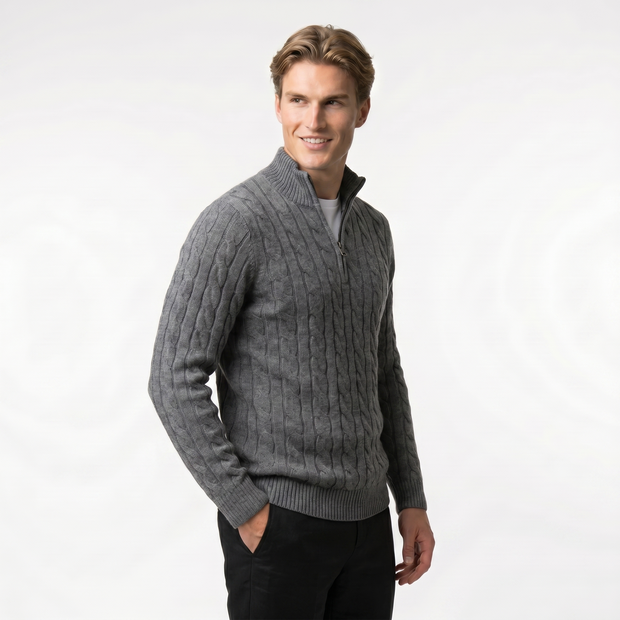 Men's Cable Knit Zip Neck Sweater | Warm Knit Fabric | Casual Layering for Cool Weather