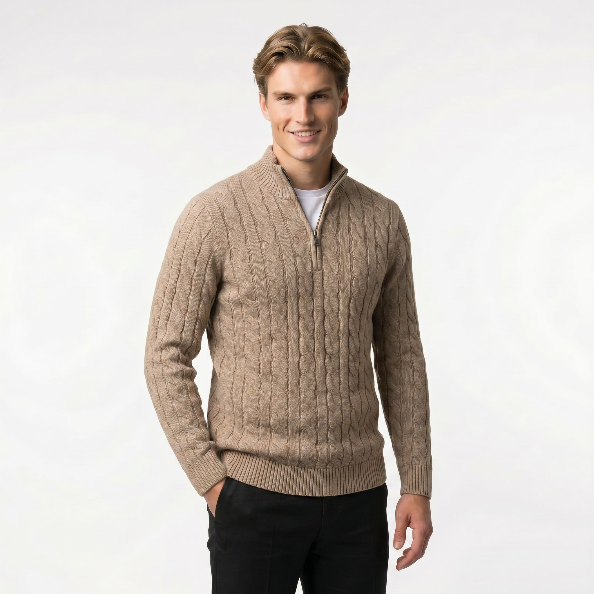 Men's Cable Knit Zip Neck Sweater | Warm Knit Fabric | Casual Layering for Cool Weather