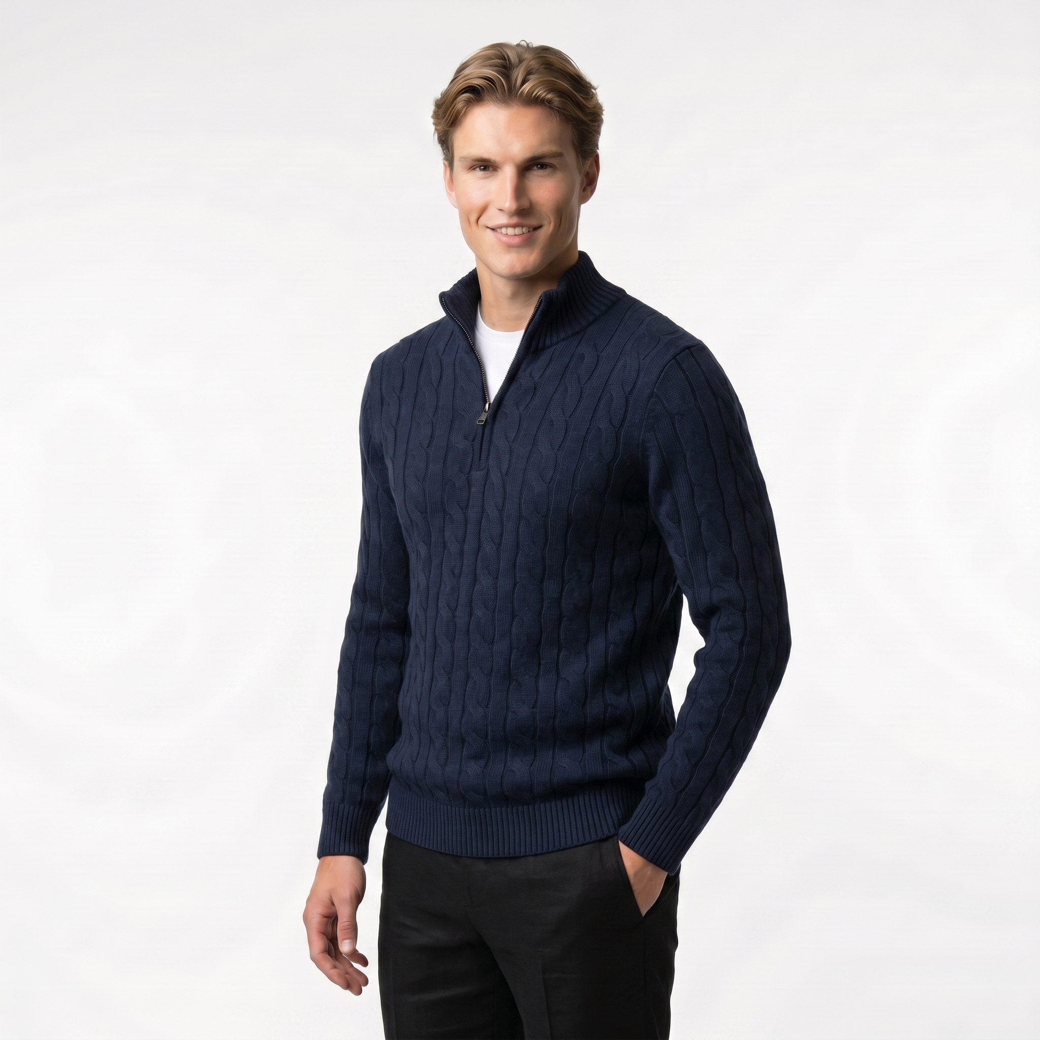 Men's Cable Knit Zip Neck Sweater | Warm Knit Fabric | Casual Layering for Cool Weather
