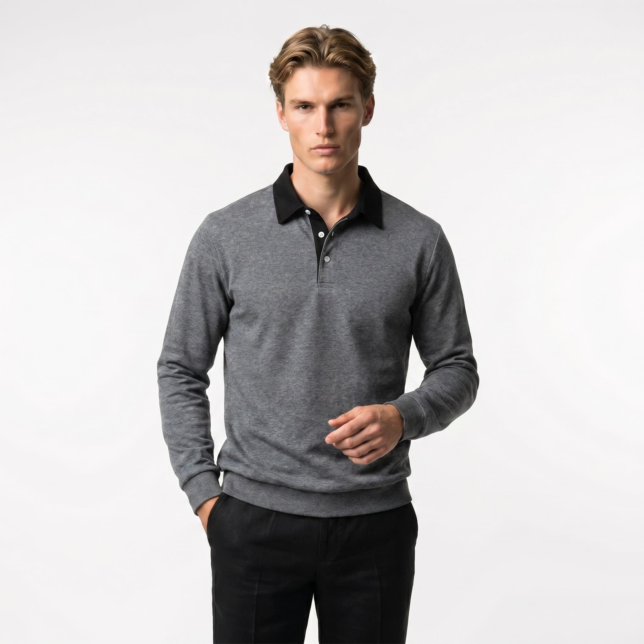 Men's Cotton Blend Long Sleeve Sweatshirt with Contrast Collar | Casual Pullover for Everyday Wear