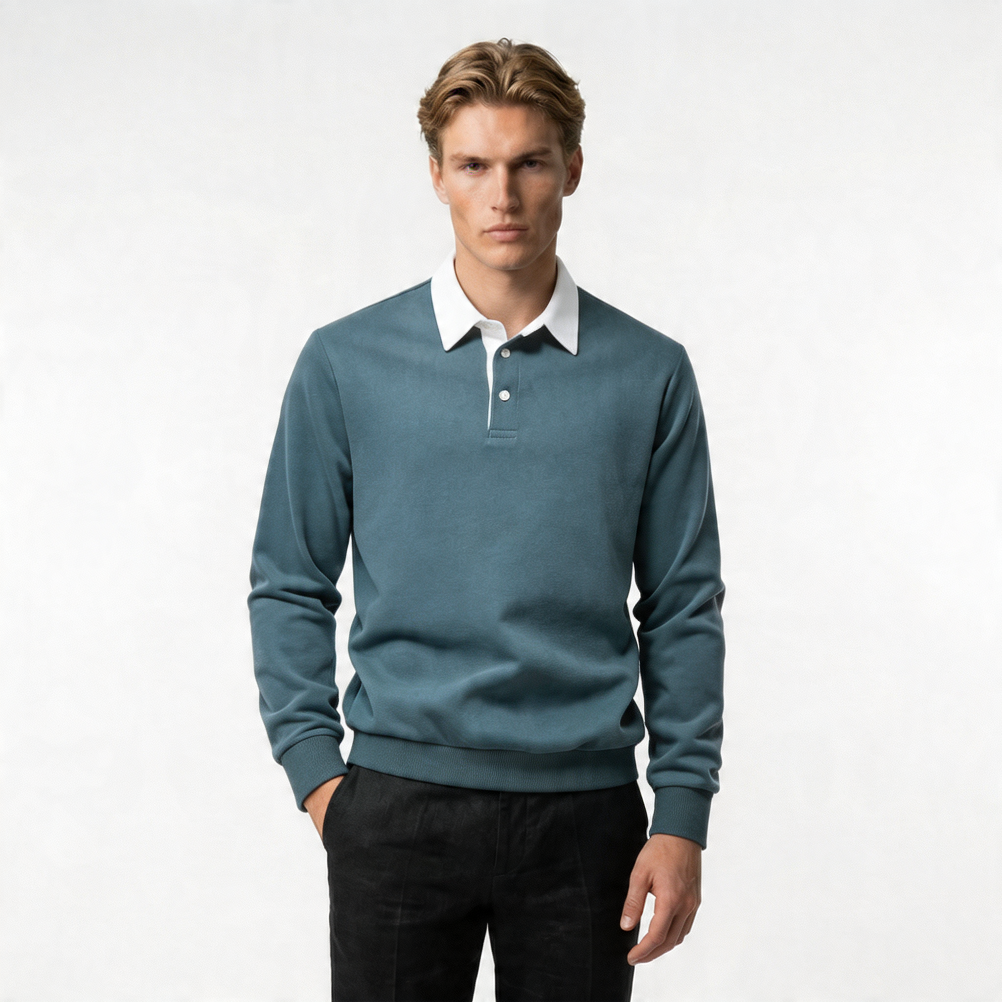 Men's Cotton Blend Long Sleeve Sweatshirt with Contrast Collar | Casual Pullover for Everyday Wear