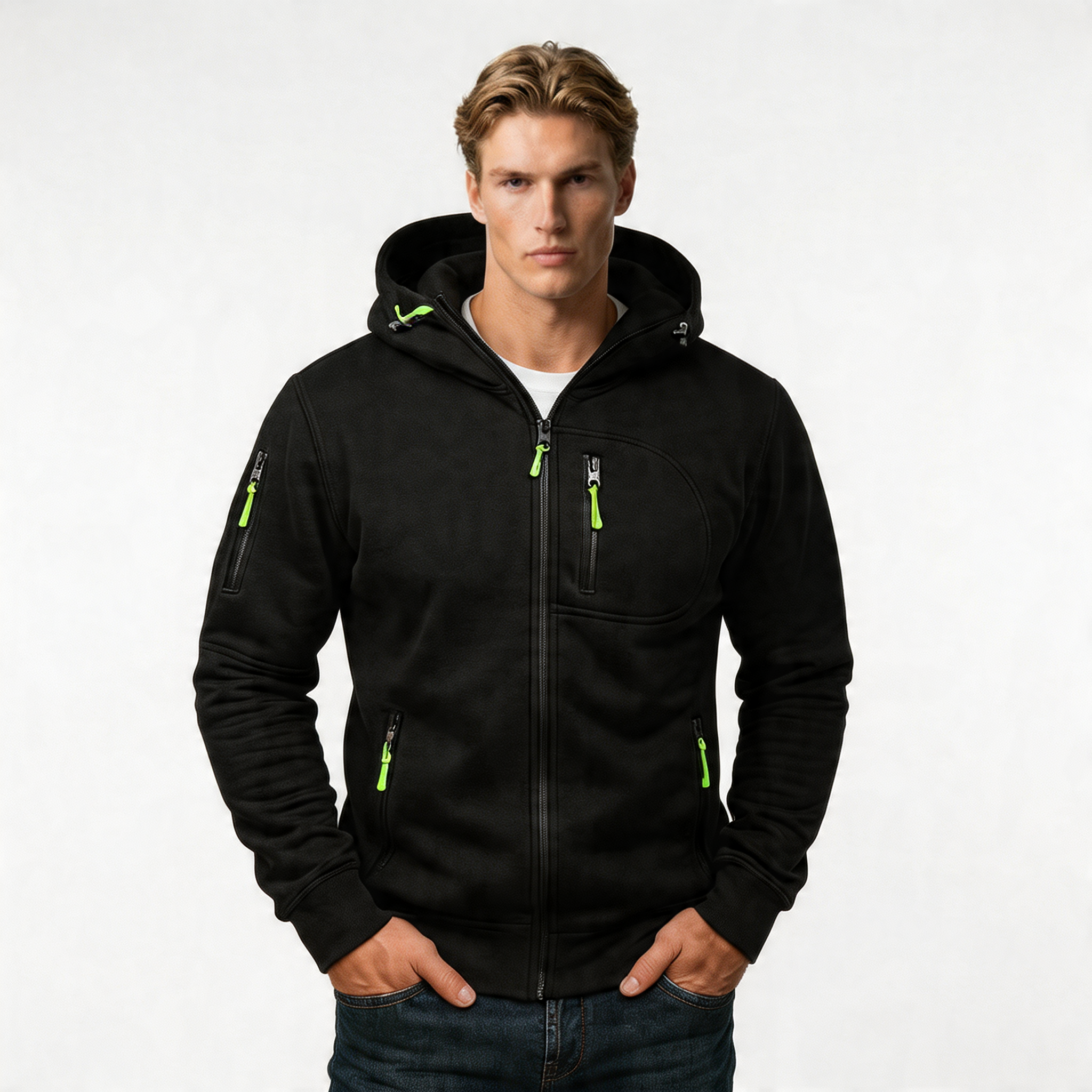 Men's Cotton Blend Adjustable Hooded Zip Hoodie - Casual Jacket for Everyday Wear