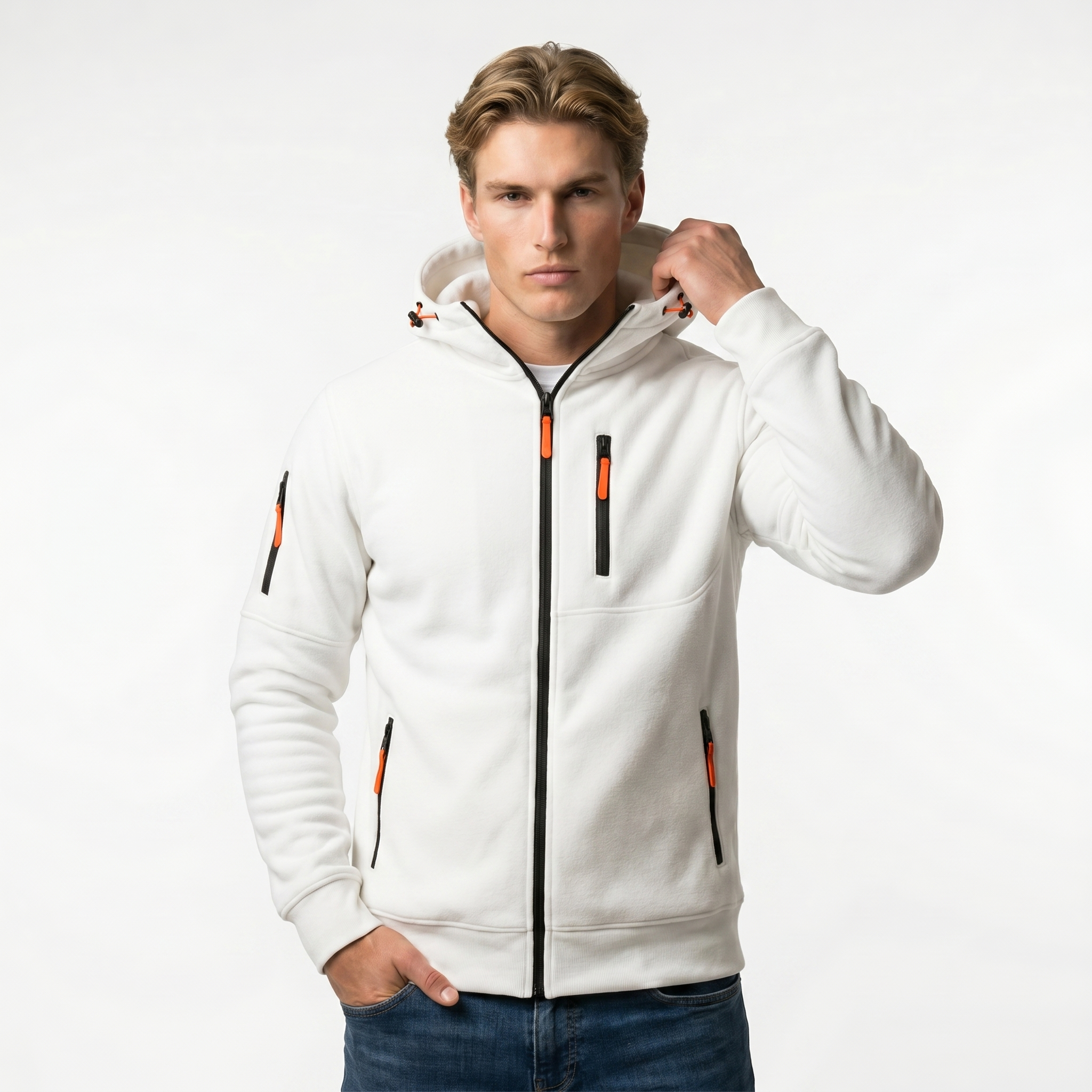 Men's Cotton Blend Adjustable Hooded Zip Hoodie - Casual Jacket for Everyday Wear