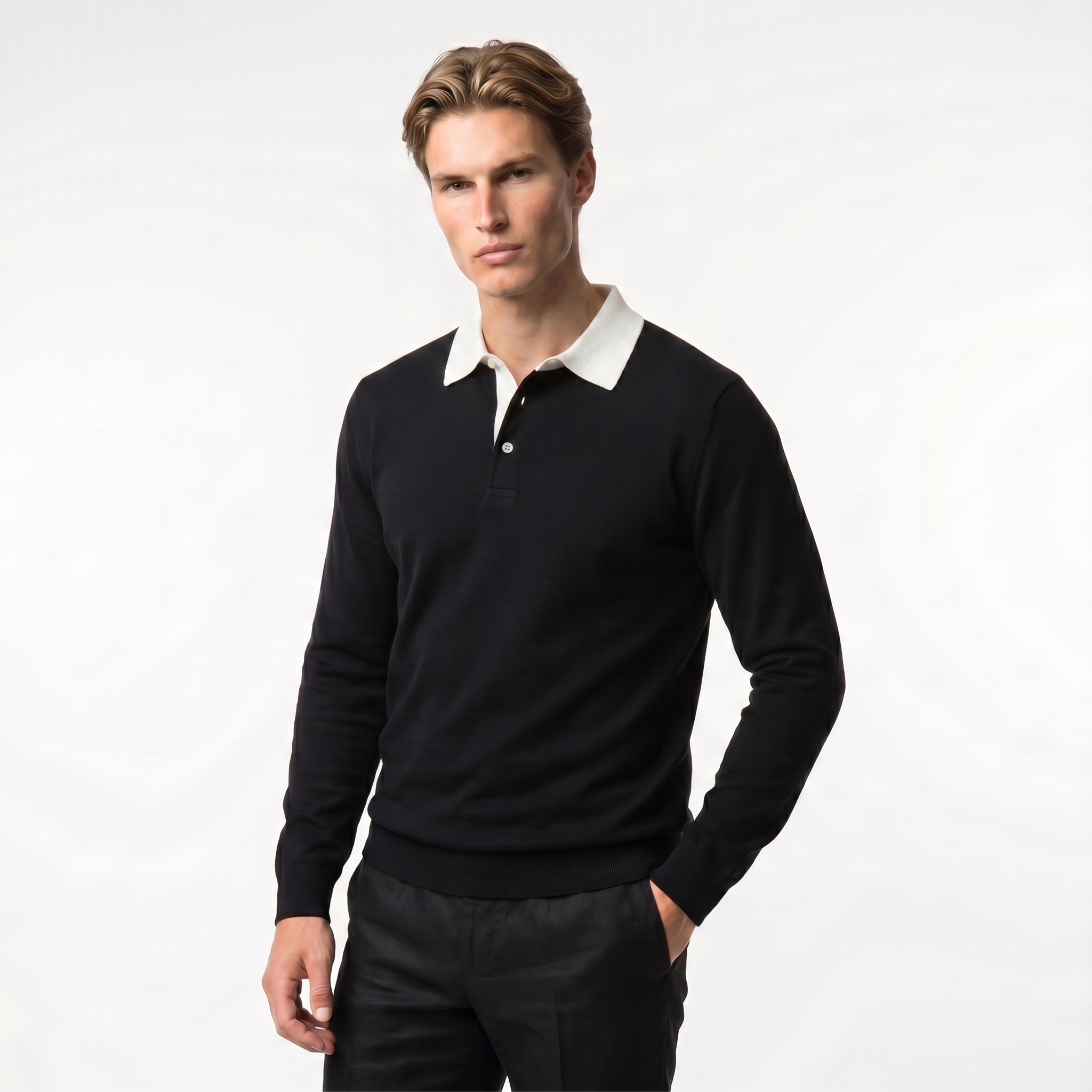 Men's Cotton Blend Long Sleeve Sweatshirt with Contrast Collar | Casual Pullover for Everyday Wear