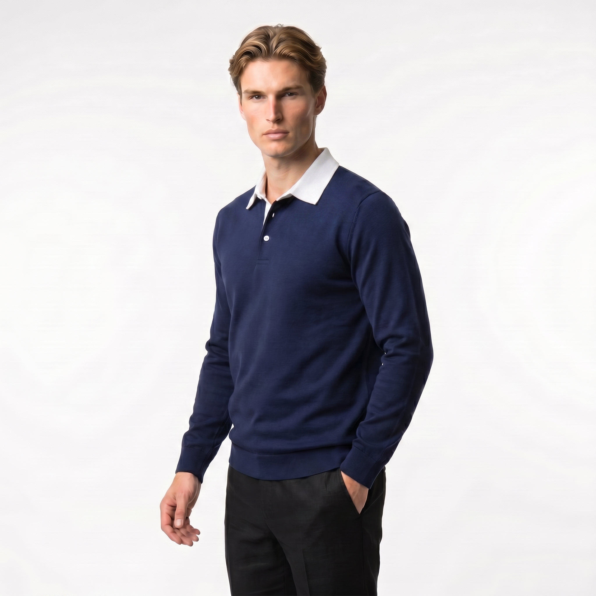 Men's Cotton Blend Long Sleeve Sweatshirt with Contrast Collar | Casual Pullover for Everyday Wear