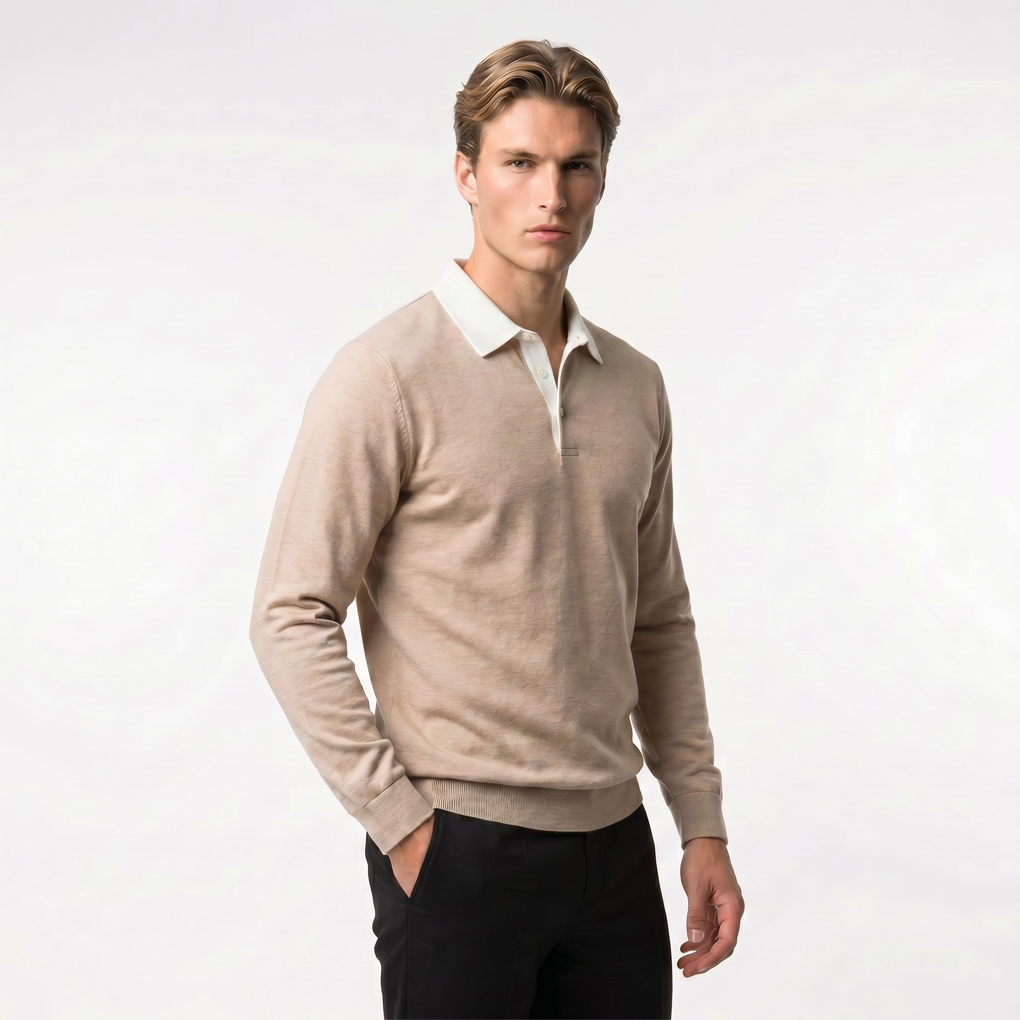 Men's Cotton Blend Long Sleeve Sweatshirt with Contrast Collar | Casual Pullover for Everyday Wear